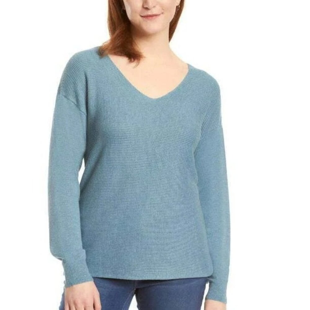 Ella Moss Pullover Ribbed Knit Sweater V Neck Long Sleeve Womens Blue Size M NWT